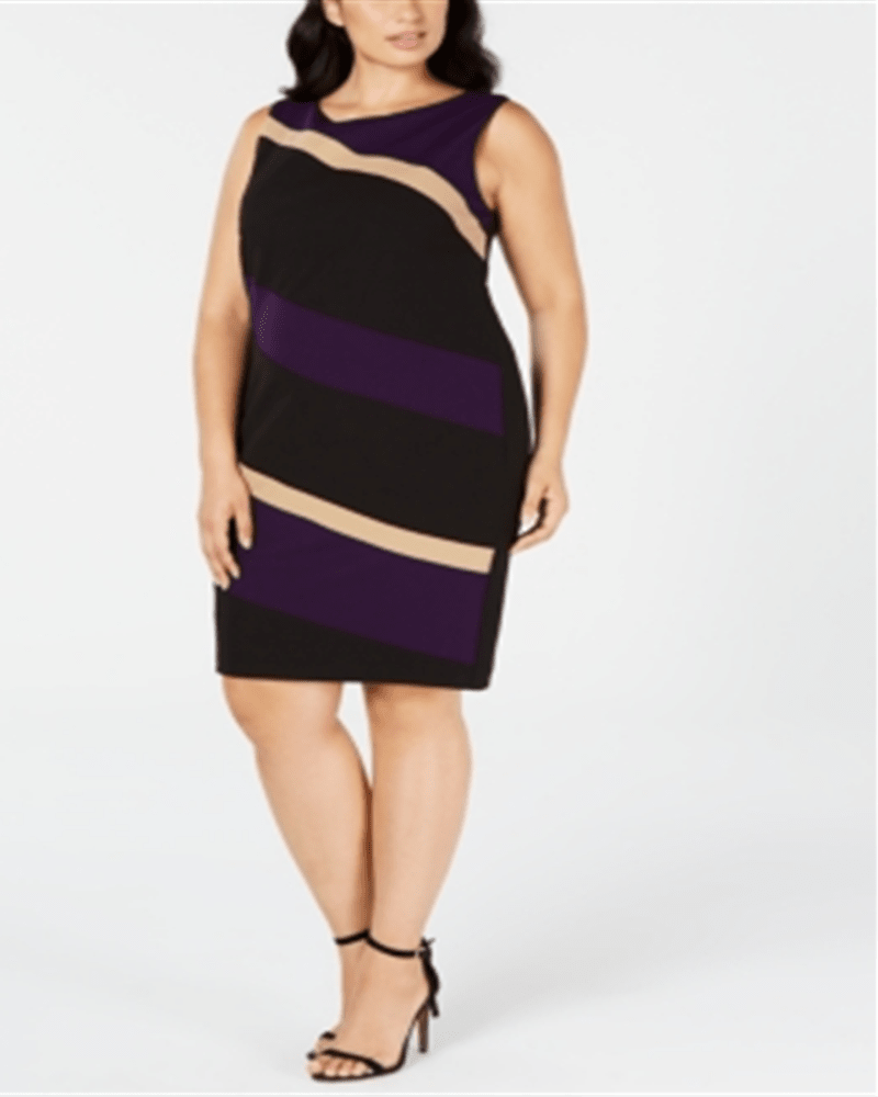 Front of a model wearing a size 20W Connected Apparel Women's Plus Diagonal Colorblocked Dress Purple Size 20W in Purple by Connected Apparel. | dia_product_style_image_id:312751